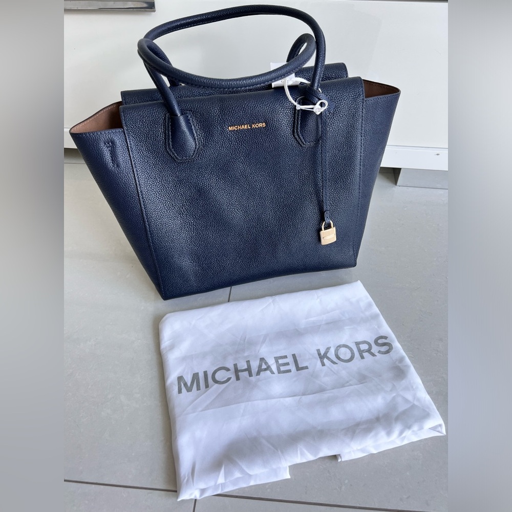 MICHAEL KORS Studio Pebble Leather Mercer Large Satchel Tote Bag Navy NEW $328